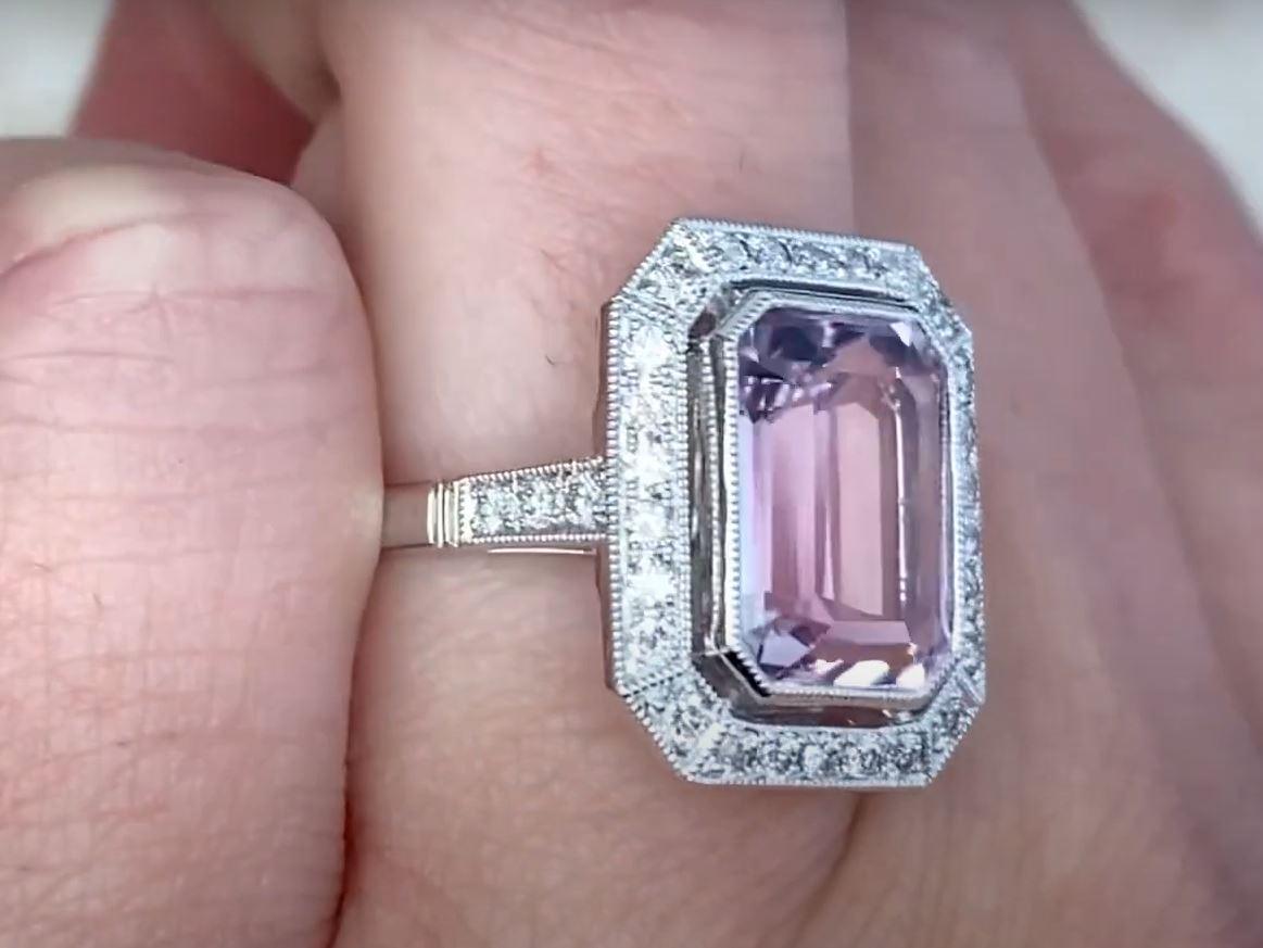 7.01ct Emerald Cut Natural Kunzite Engagement Ring, Diamond Halo, Platinum For Sale 1