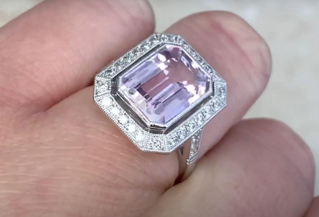 7.01ct Emerald Cut Natural Kunzite Engagement Ring, Diamond Halo, Platinum For Sale 2