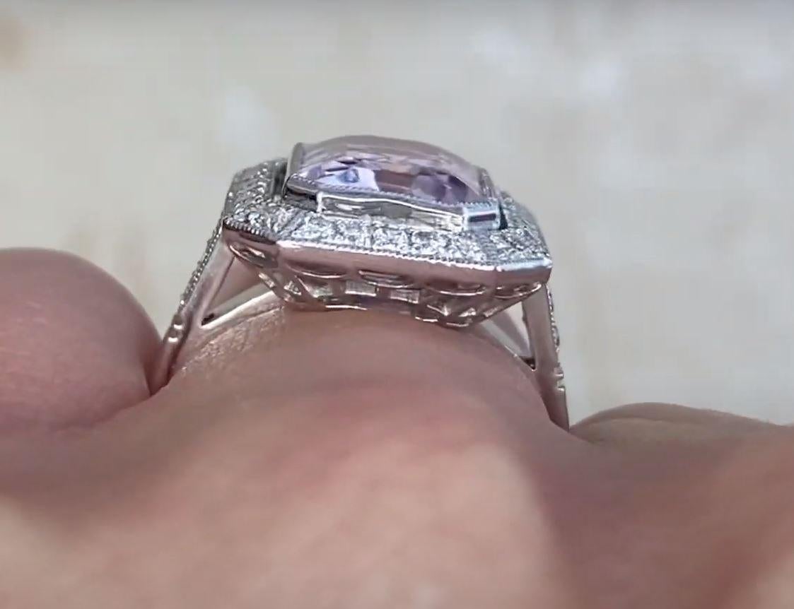 7.01ct Emerald Cut Natural Kunzite Engagement Ring, Diamond Halo, Platinum For Sale 3