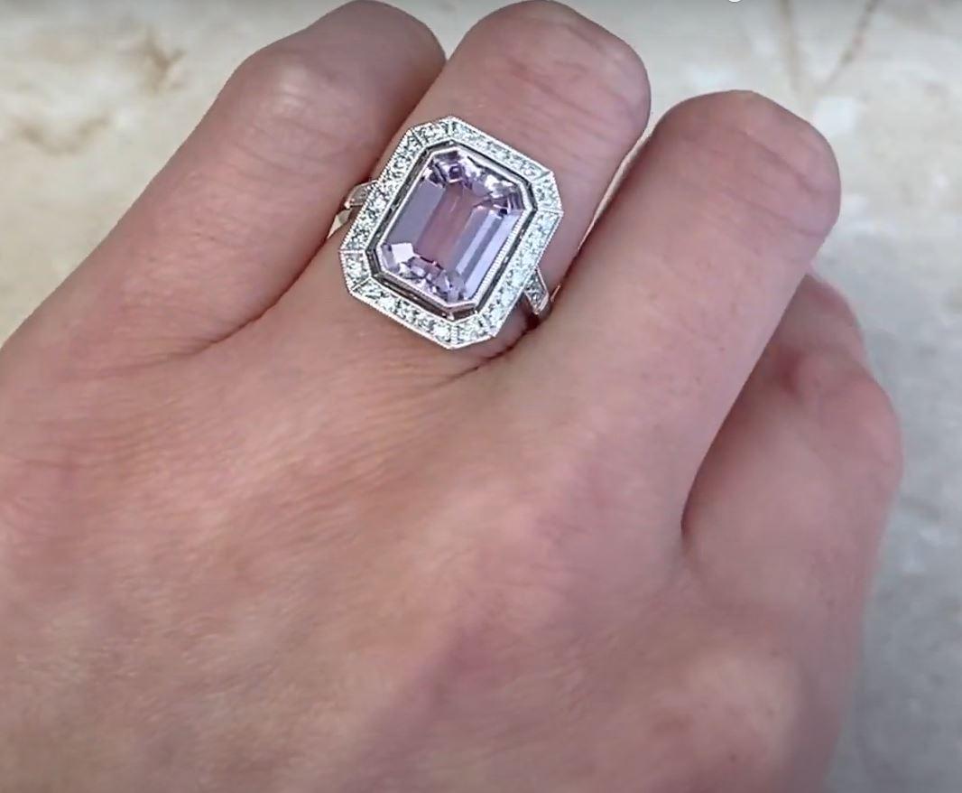 7.01ct Emerald Cut Natural Kunzite Engagement Ring, Diamond Halo, Platinum For Sale 4
