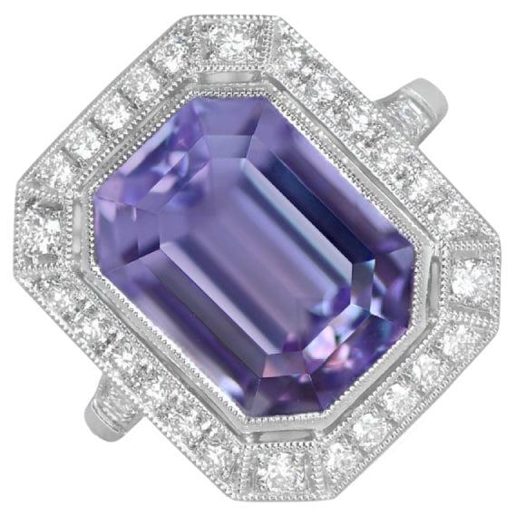 7.01ct Emerald Cut Natural Kunzite Engagement Ring, Diamond Halo, Platinum For Sale
