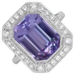 7.01ct Emerald Cut Natural Kunzite Engagement Ring, Diamond Halo, Platinum