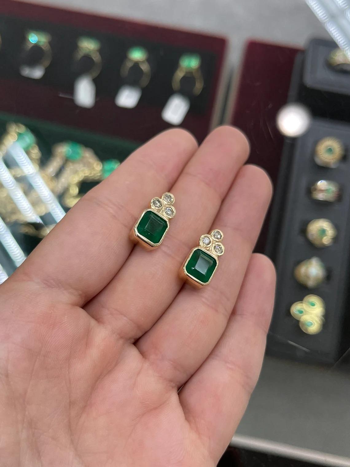 7.01tcw 14K Dark Emerald-Emerald Cut & Diamond Accent Gold Bezel Stud Earrings In New Condition For Sale In Jupiter, FL