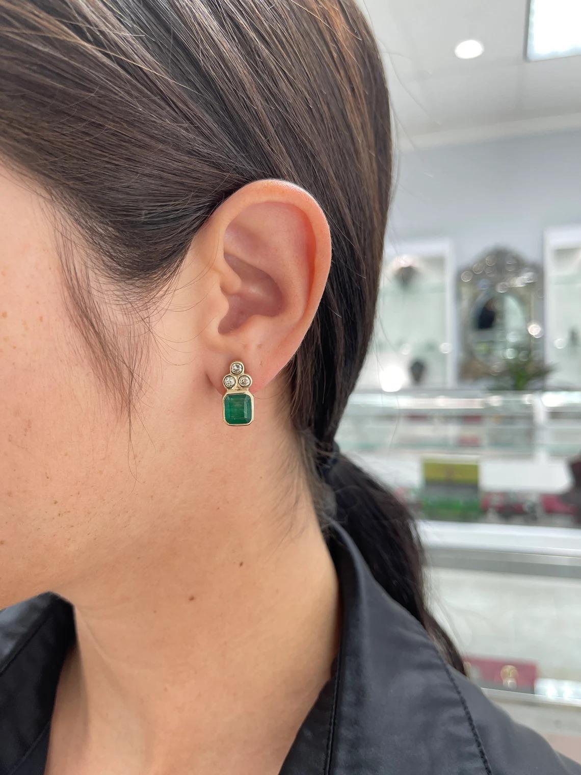 Women's 7.01tcw 14K Dark Emerald-Emerald Cut & Diamond Accent Gold Bezel Stud Earrings For Sale