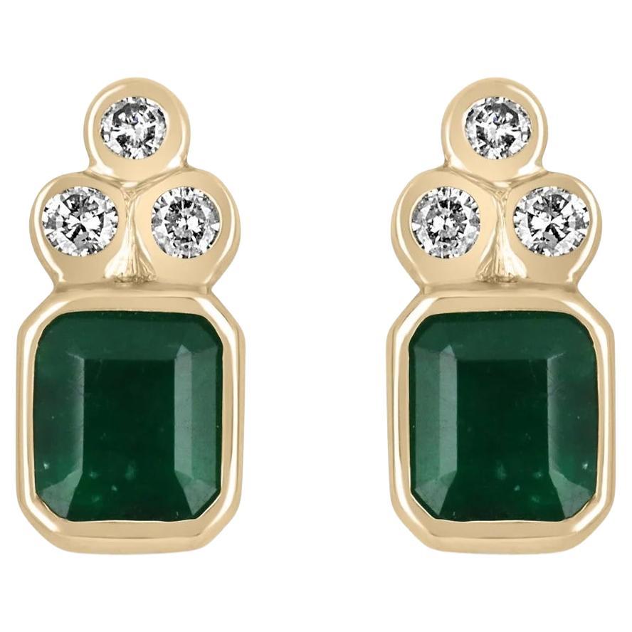 7.01tcw 14K Dark Emerald-Emerald Cut & Diamond Accent Gold Bezel Stud Earrings For Sale