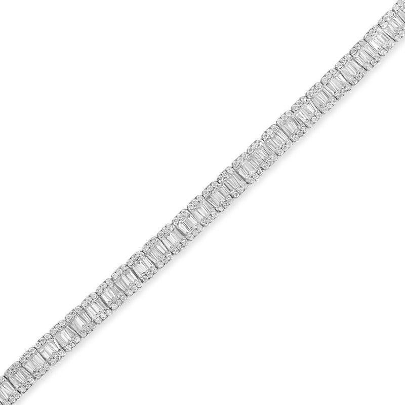 Contemporary 7.02 Carat Baguette and Round Diamond Tennis Bracelet in 18K White Gold For Sale