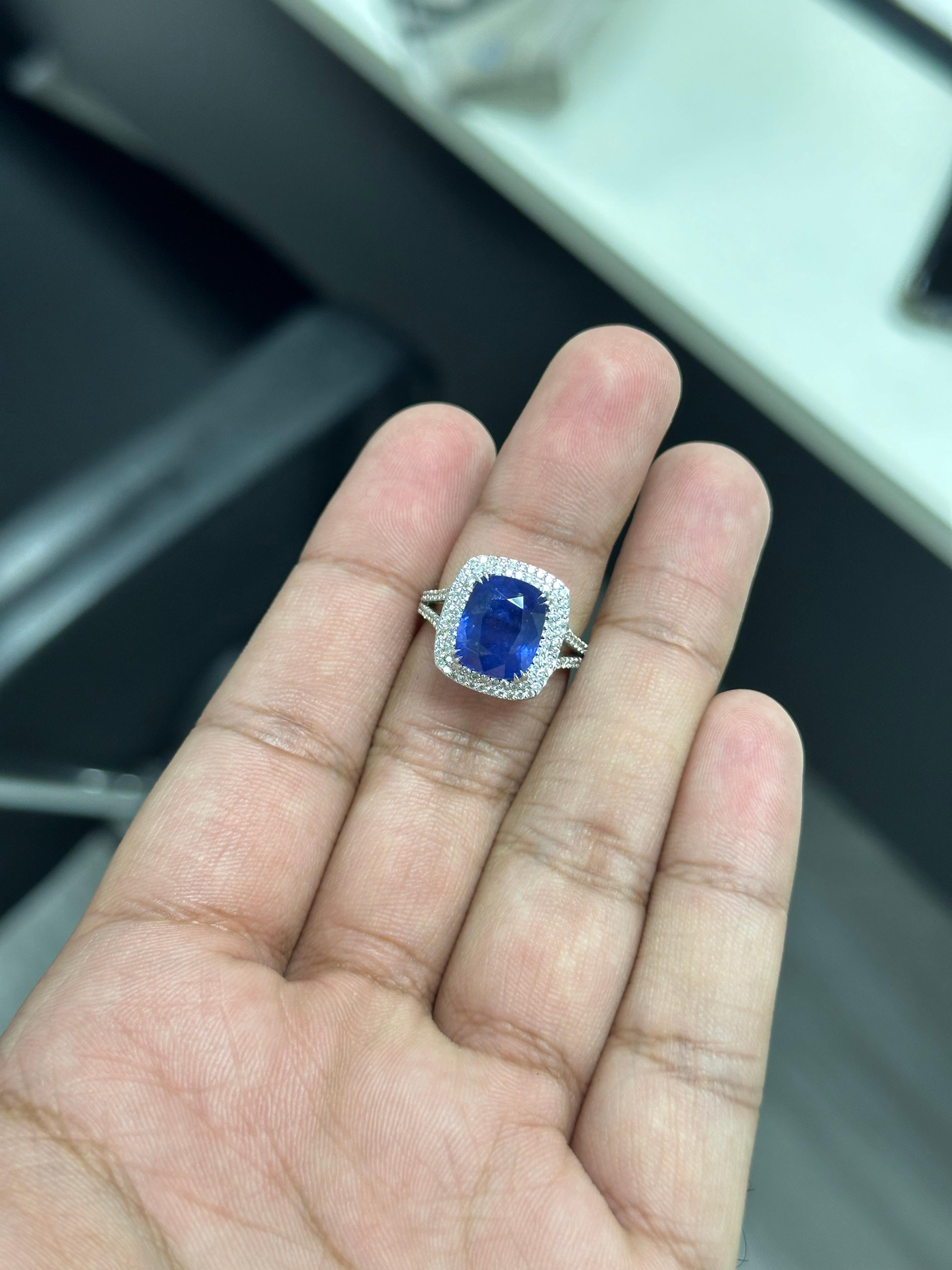 Art Deco 7.02 Carat Cushion Royal Blue Sapphire & Diamond Ring in 18K White Gold