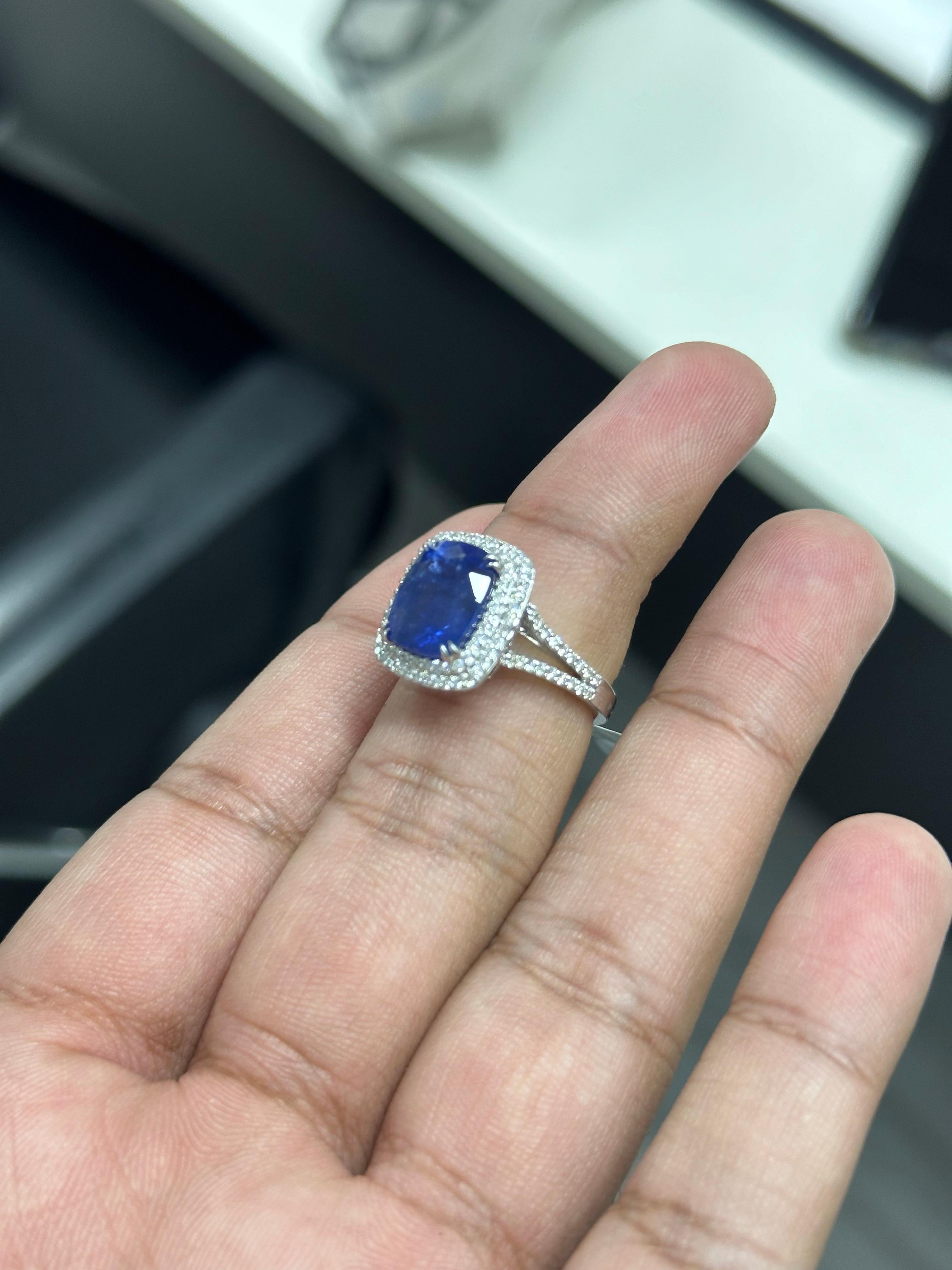 Cushion Cut 7.02 Carat Cushion Royal Blue Sapphire & Diamond Ring in 18K White Gold