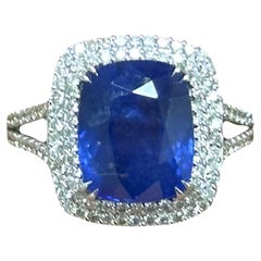 7.02 Carat Cushion Royal Blue Sapphire & Diamond Ring in 18K White Gold