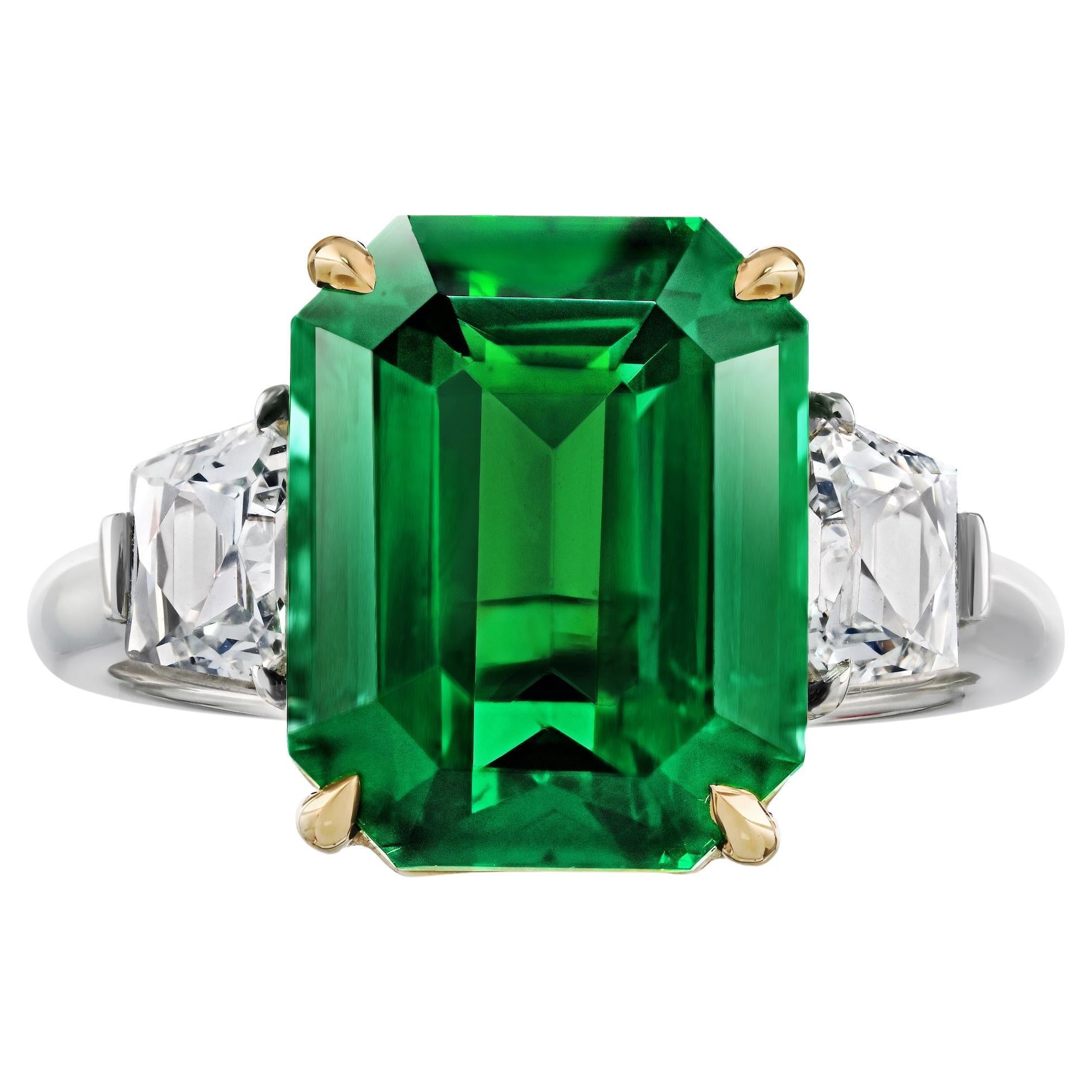 7.02 carat Emerald Cut Green Tsavorite and Diamond Ring For Sale