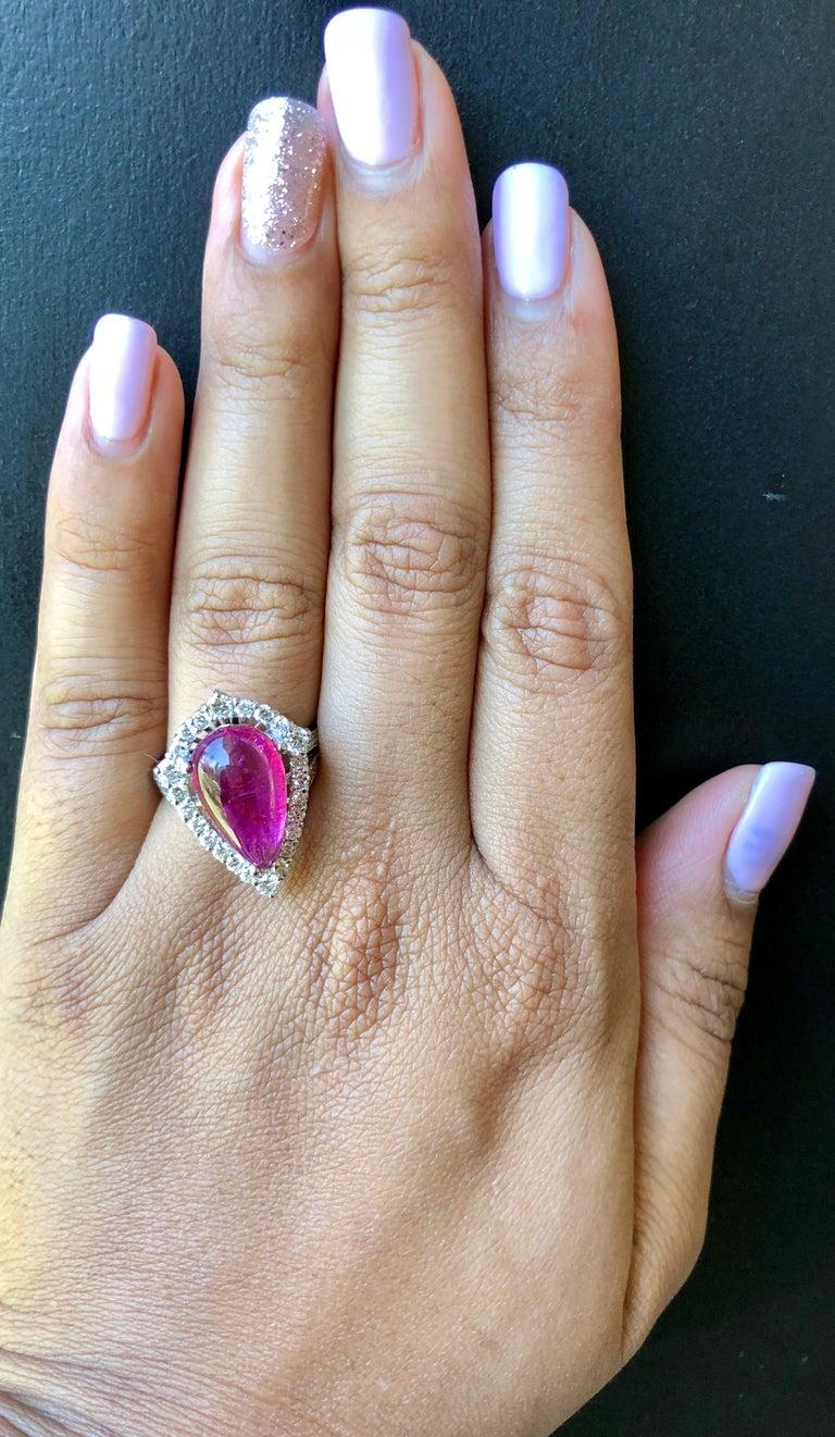 7,02 Karat Natürlicher Cabochon Turmalin Diamant Weißgold Cocktail Ring Damen im Angebot