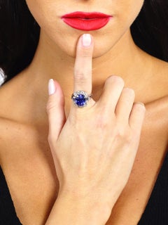 7.02 Carat Natural Sapphire French Diamond Platinum Ring 1940s