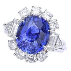 7.02 Carat Natural Sapphire French Diamond Platinum Ring 1940s