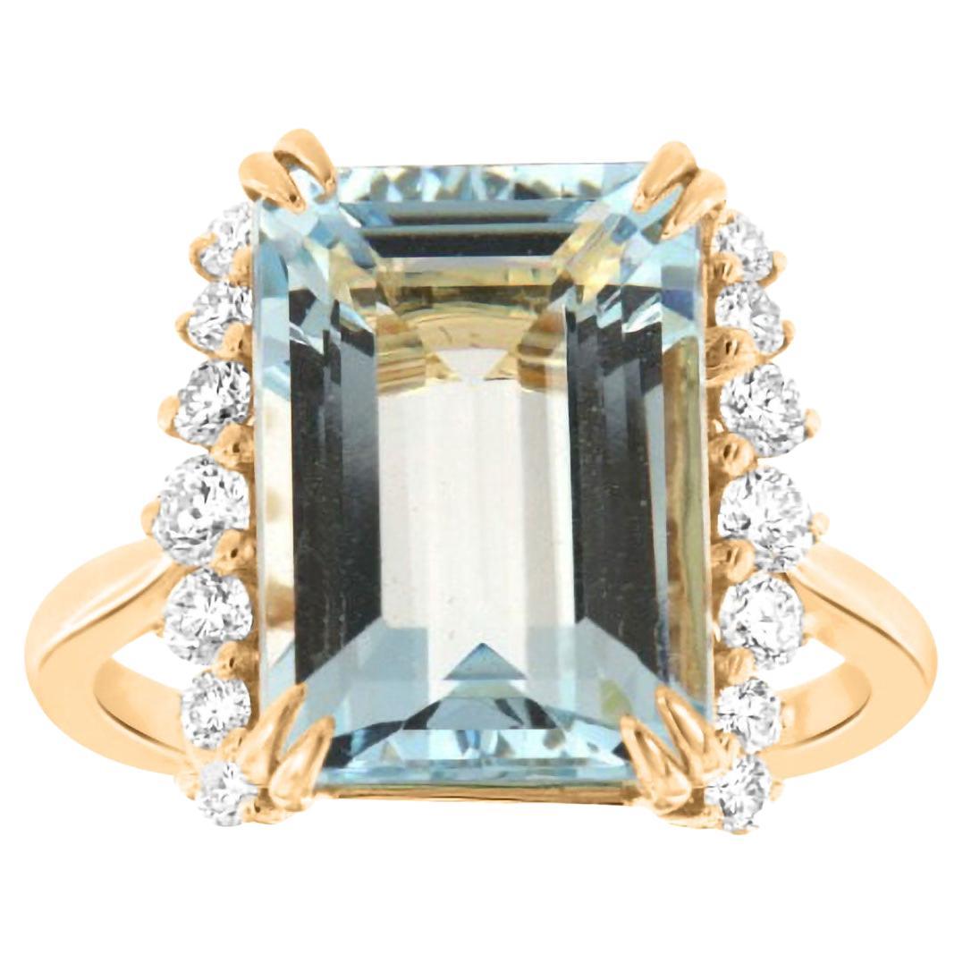 7.02 Carat Sky Blue Emerald Cut Aquamarine 14k Yellow Gold Diamond Ring