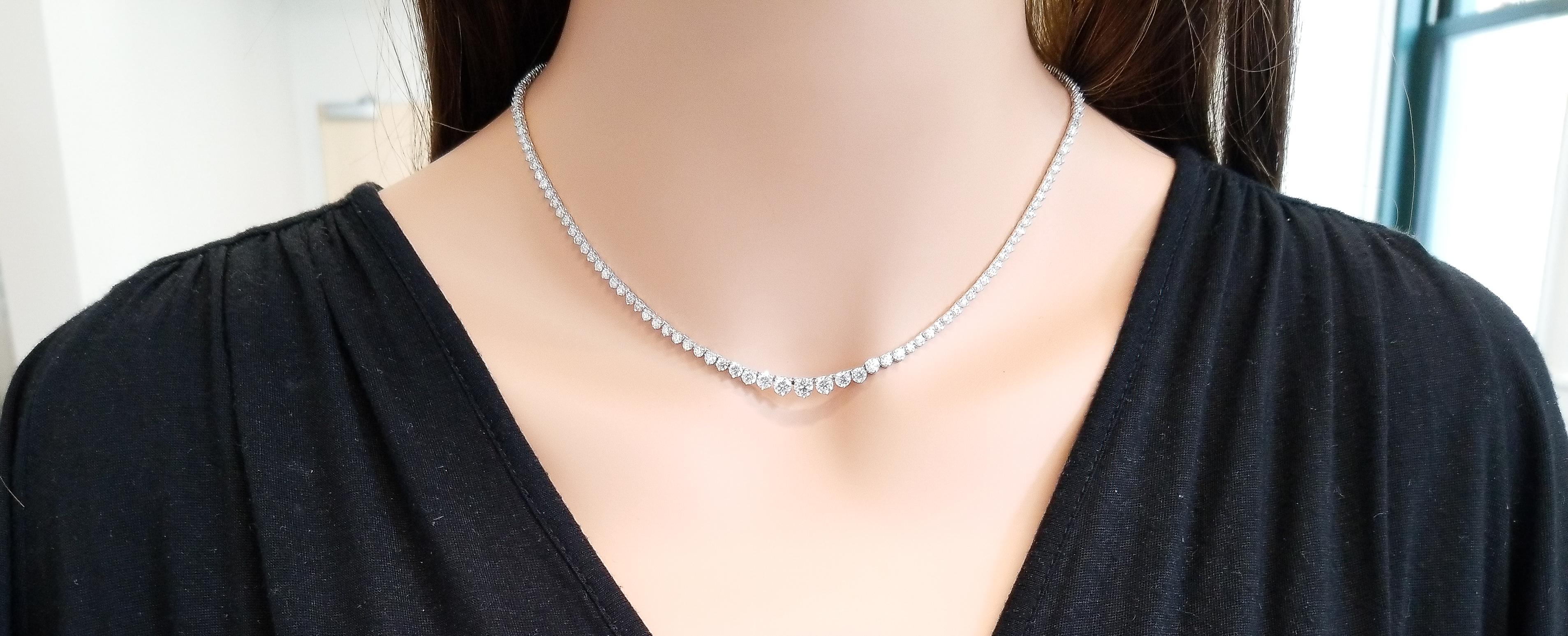 This is a riviera necklace that deserves attention. It's chic and timeless. Show-stopping in fire and brilliance, this incredible riviera necklace features 147 sparkling round brilliant cut diamonds that are skillfully prong set from end to end in a