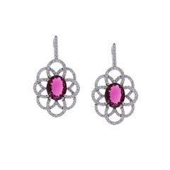 7.02 Carat Total Oval Rubelite & Diamond Earrings In 18K White Gold