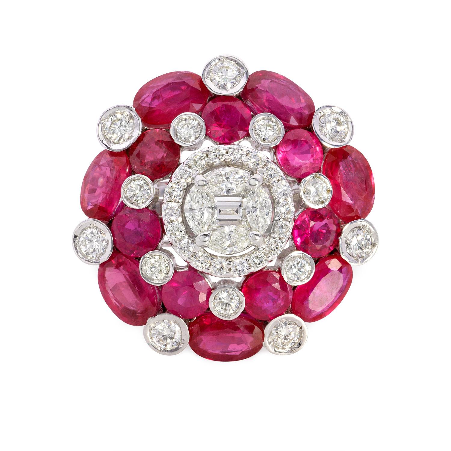 With 7 carats of natural Burmese rubies, seated in a bed of diamonds, the Ziya is made in 14K gold. Pair these with our Ziya earrings.

Gemstone Details
Natural Rubies
Type 	Natural Rubies 
Color	Red
Clarity 	Fine
Weight 	7 carats
Origin And