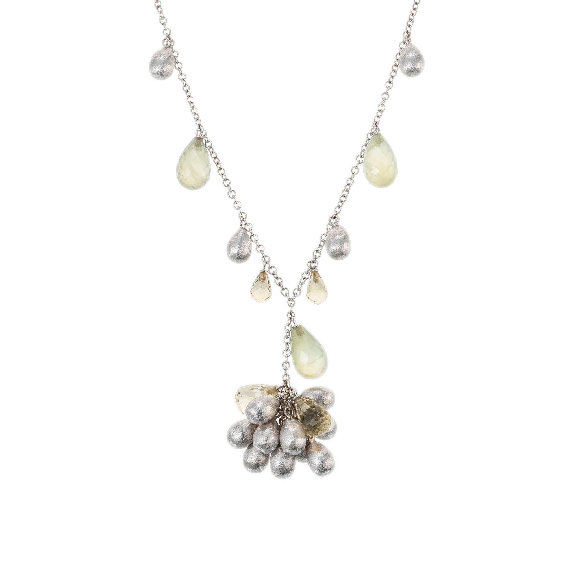 Pear shaped quartz briolette pendant necklace. 18k white gold chain with with textured white gold pear shaped drops with lemon Citrine quartz and translucent green quartz Briolette's on a  20 inch white gold chain. 

7 lemon quartz Briolette approx.