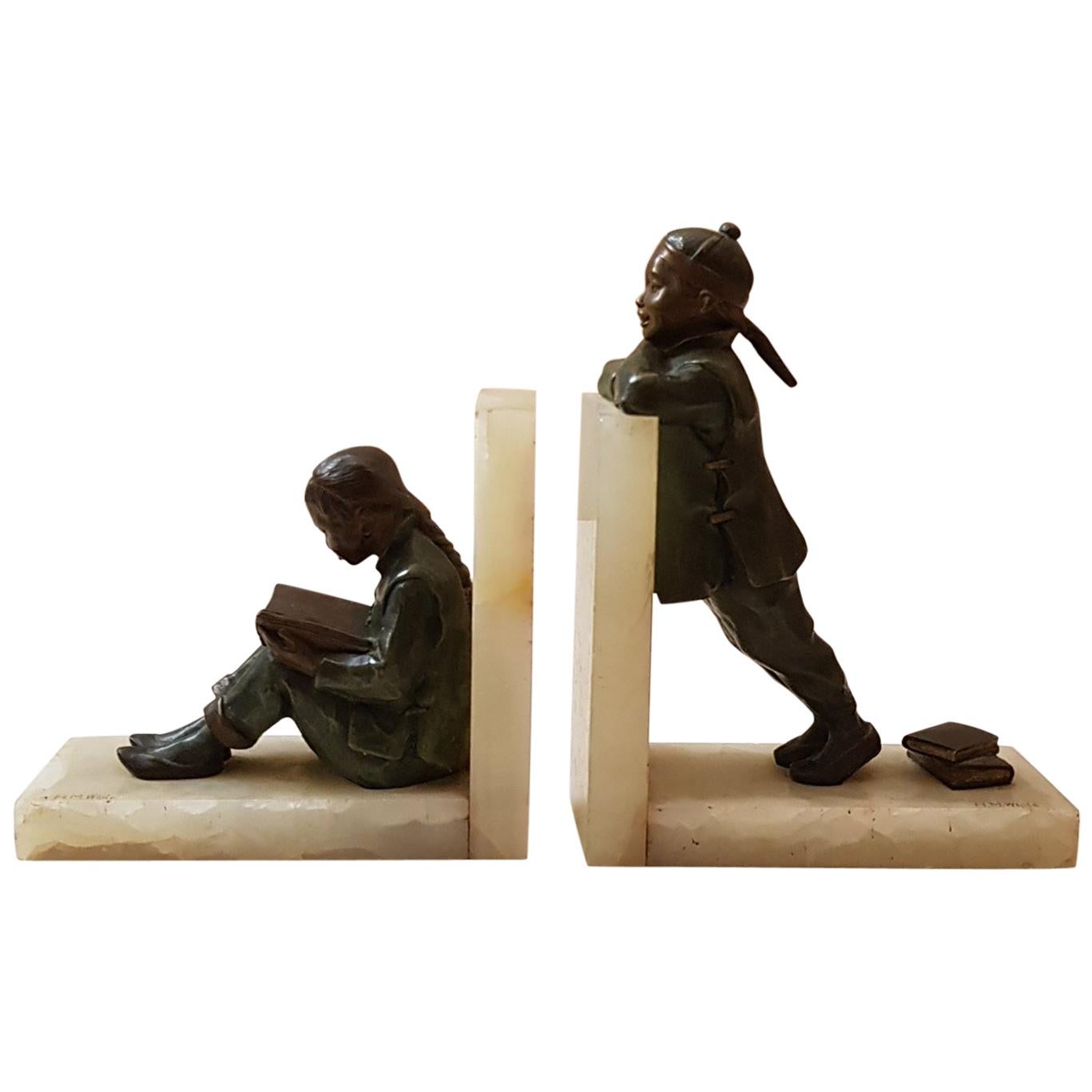 703 Bronzes Children Coloured Bookends Art Nouveau United Kindom, 1900s