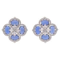 7.03 Carat Blue Sapphire and Diamond Earrings Stud in 18 Karat White Gold