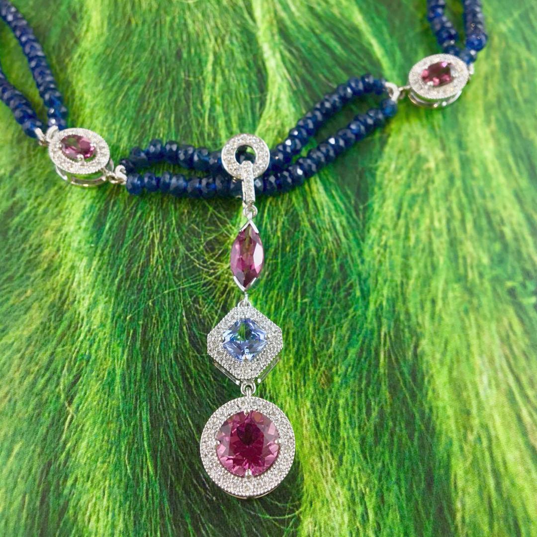 Contemporary 7.03 Carat Blue Sapphire Garnet Pink Tourmaline Diamond Necklace Natalie Barney For Sale