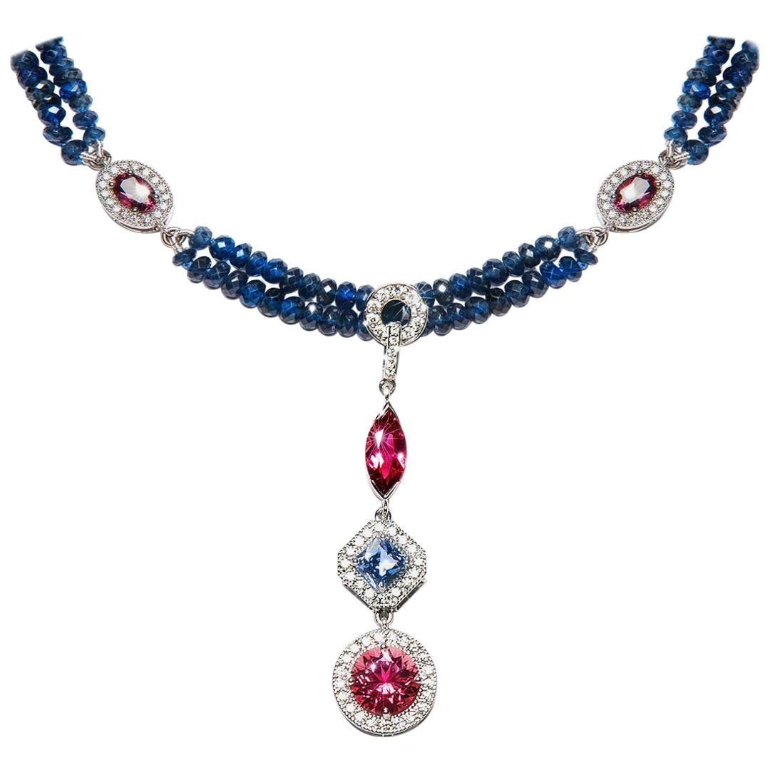 7.03 Carat Blue Sapphire Garnet Pink Tourmaline Diamond Necklace Natalie Barney