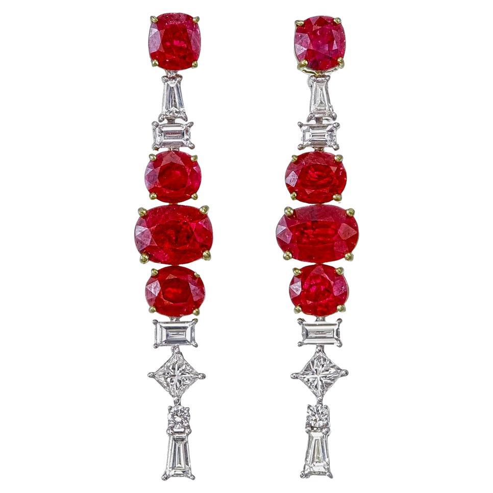 Orecchini con rubino birmano senza calore e diamanti da 7,03 carati in oro bianco da 18 carati