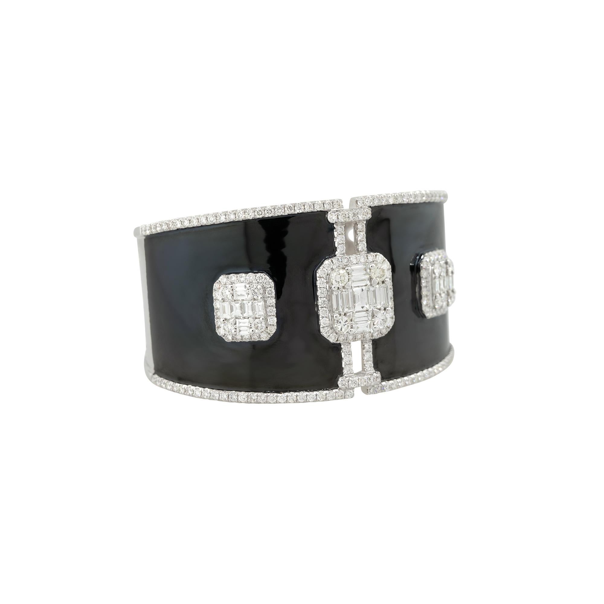 Modern 7.03 Carat Diamond Mosaic & Black Enamel Wide Cuff Bracelet 18 Karat in Stock For Sale