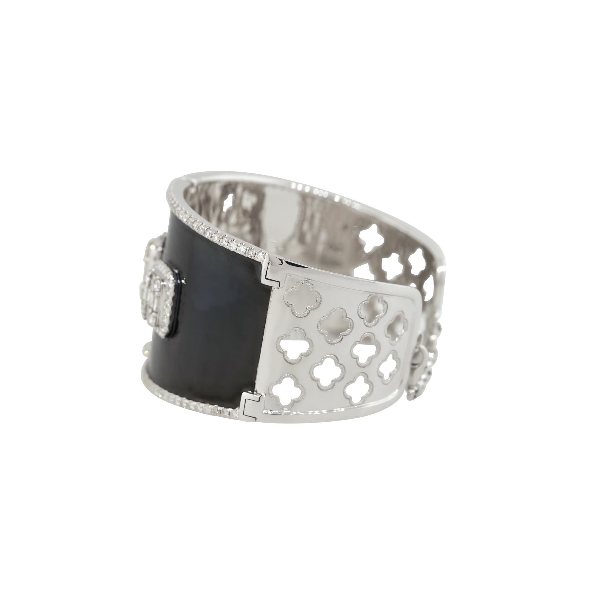 Women's 7.03 Carat Diamond Mosaic & Black Enamel Wide Cuff Bracelet 18 Karat in Stock For Sale