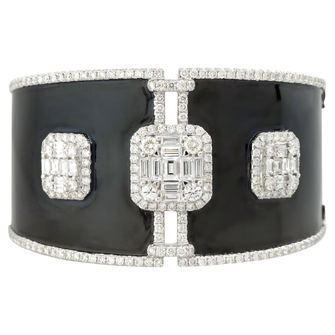 7.03 Carat Diamond Mosaic & Black Enamel Wide Cuff Bracelet 18 Karat in Stock