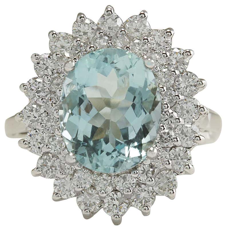 7.03 Carat Natural Aquamarine 18 Karat White Gold Diamond Ring For Sale ...