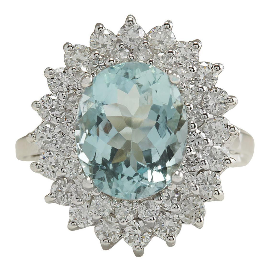 Natural Aquamarine Diamond Ring In 14 Karat White Gold  For Sale