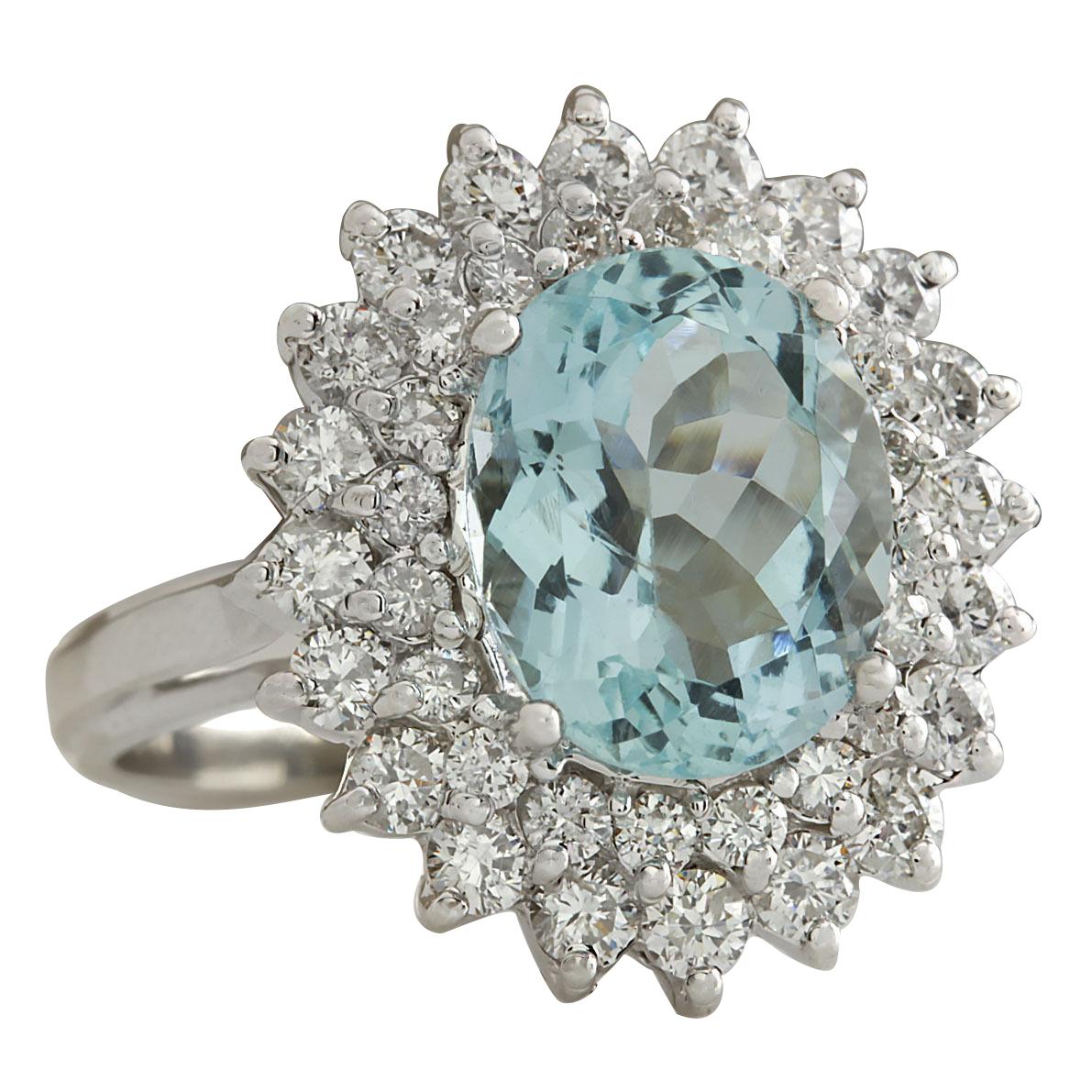 Stamped: 14K White Gold
Total Ring Weight: 6.8 Grams
Aquamarine Weight is 5.41 Carat (Measures: 11.00x9.00 mm)
Diamond Weight is 1.62 Carat
Color: F-G, Clarity: VS2-SI1
Face Measures: 19.40x17.25 mm
Sku: [702519W]