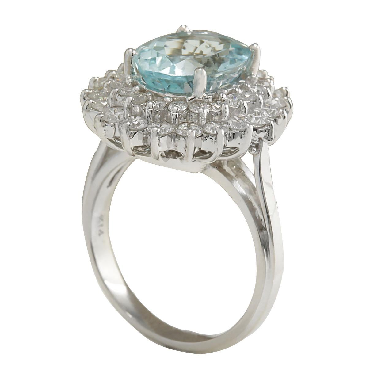 Modern Natural Aquamarine Diamond Ring In 14 Karat White Gold  For Sale