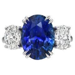 7.03 Carat GIA Certified Royal Blue Ceylon Sapphire Diamond Three Stone Ring