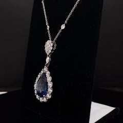 7.03 Carat Pear shape Sapphire and Diamond Drop Necklace in 18K White Gold