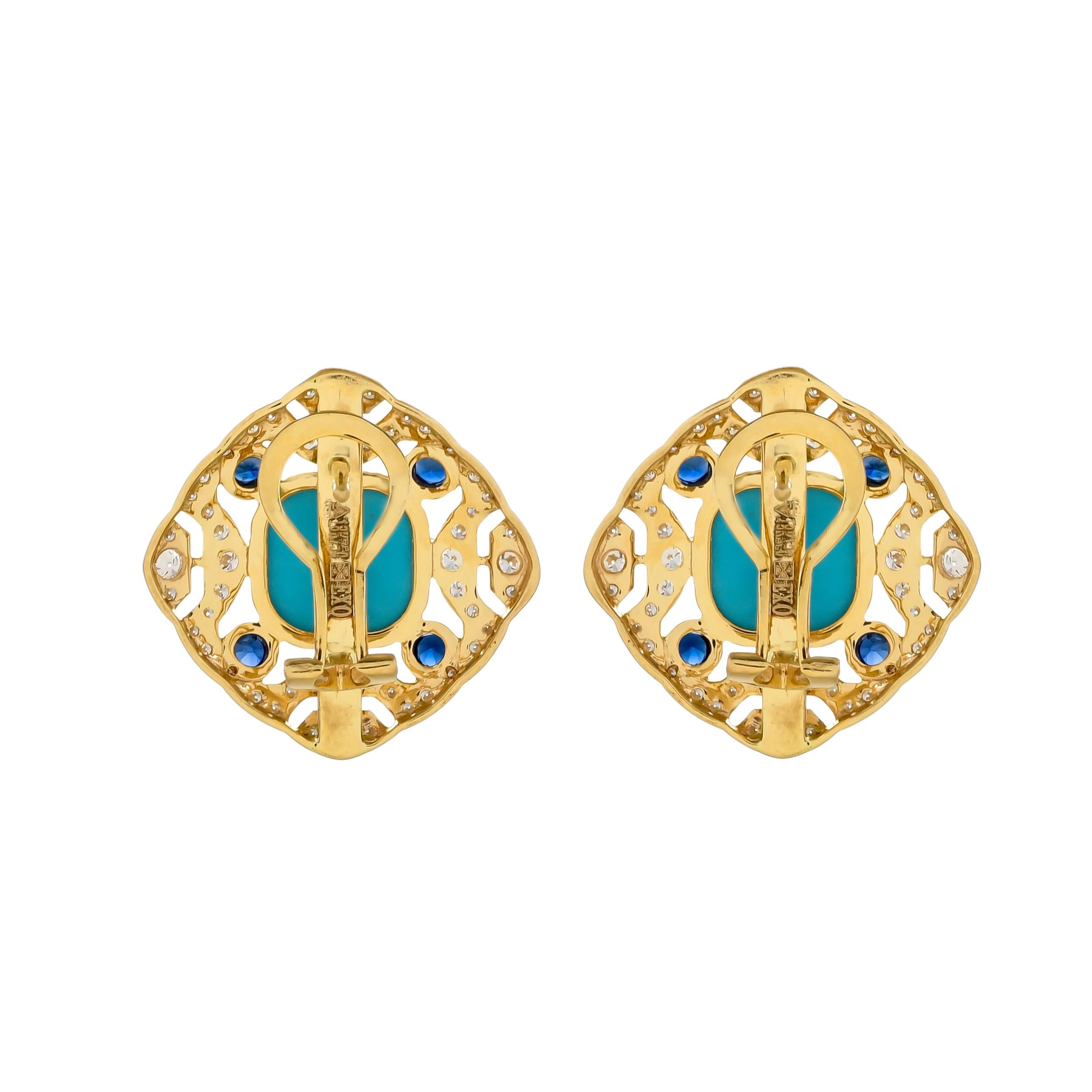 Modern 7.03 Carat Turquoise Blue Sapphire and Diamond 18kt Yellow Gold Stud Earrings For Sale