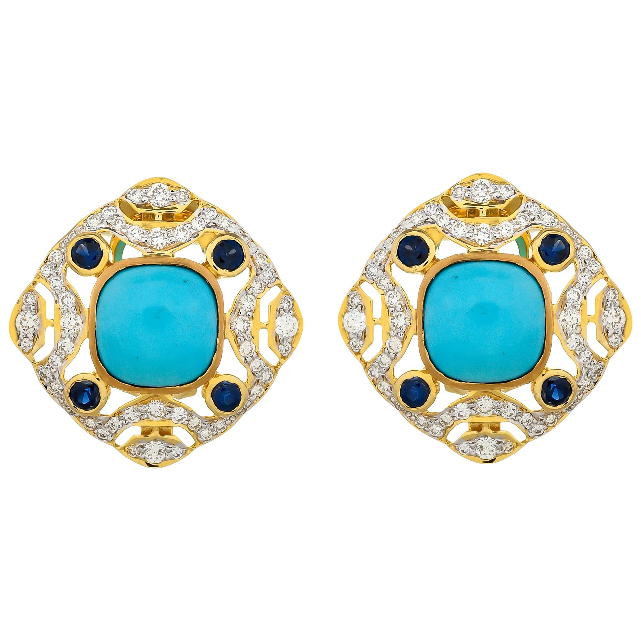 7.03 Carat Turquoise Blue Sapphire and Diamond 18kt Yellow Gold Stud Earrings For Sale