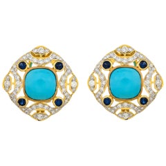 7.03 Carat Turquoise Blue Sapphire and Diamond 18kt Yellow Gold Stud Earrings