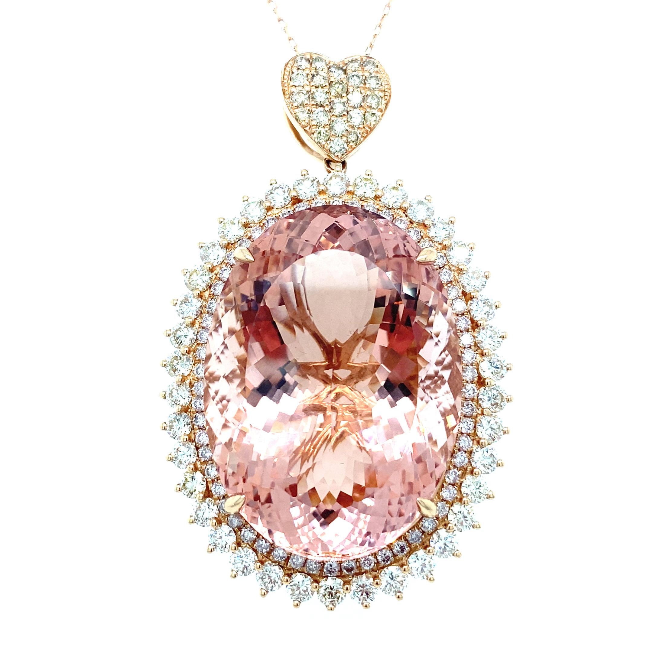 70.30 Carat Oval Cut Morganite Diamond Rose Gold Pendant For Sale 5