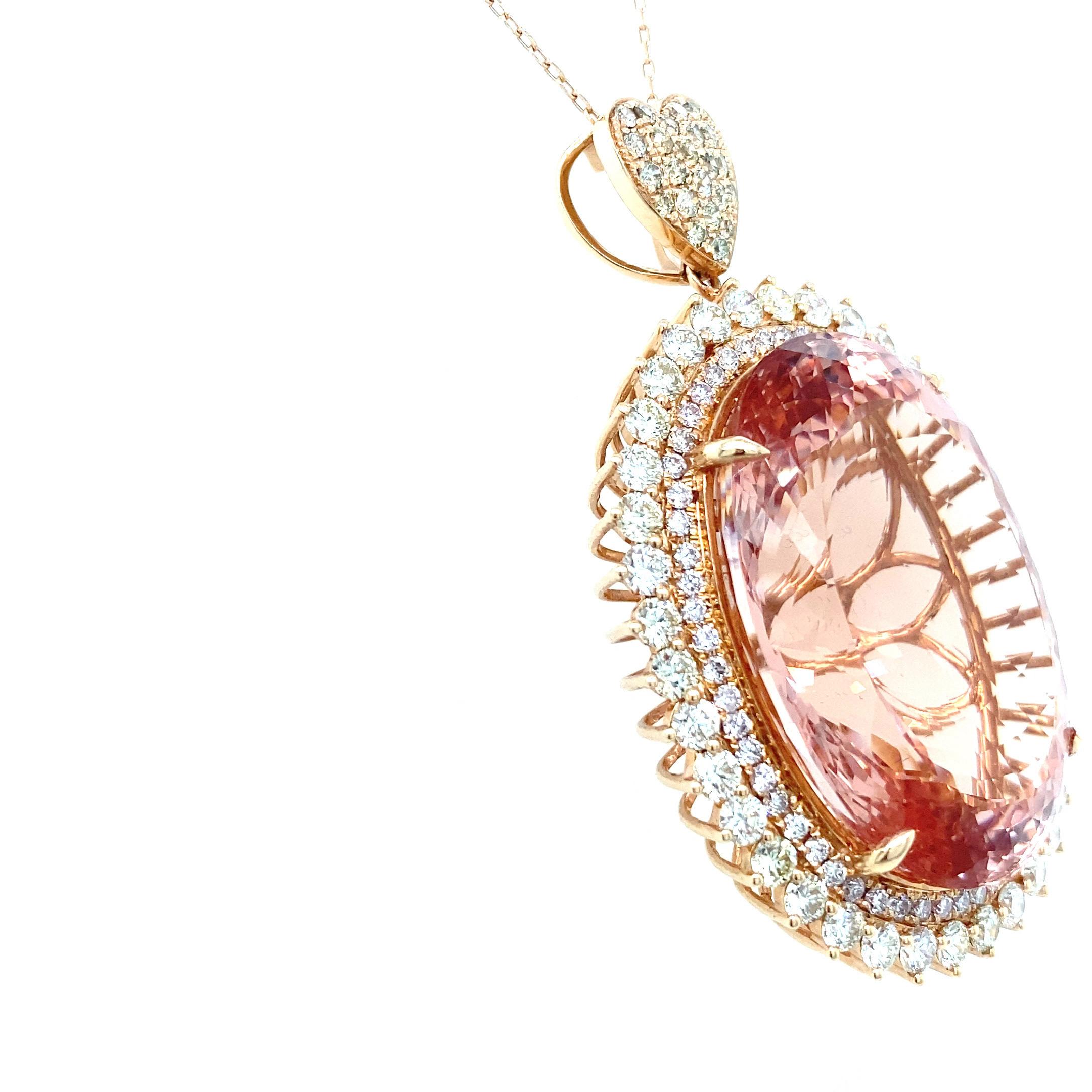 70.30 Carat Oval Cut Morganite Diamond Rose Gold Pendant For Sale 6