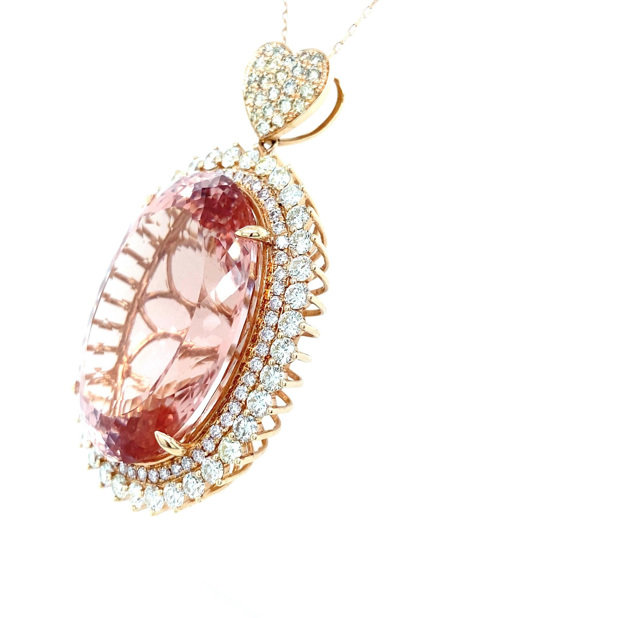 70.30 Carat Oval Cut Morganite Diamond Rose Gold Pendant For Sale 7