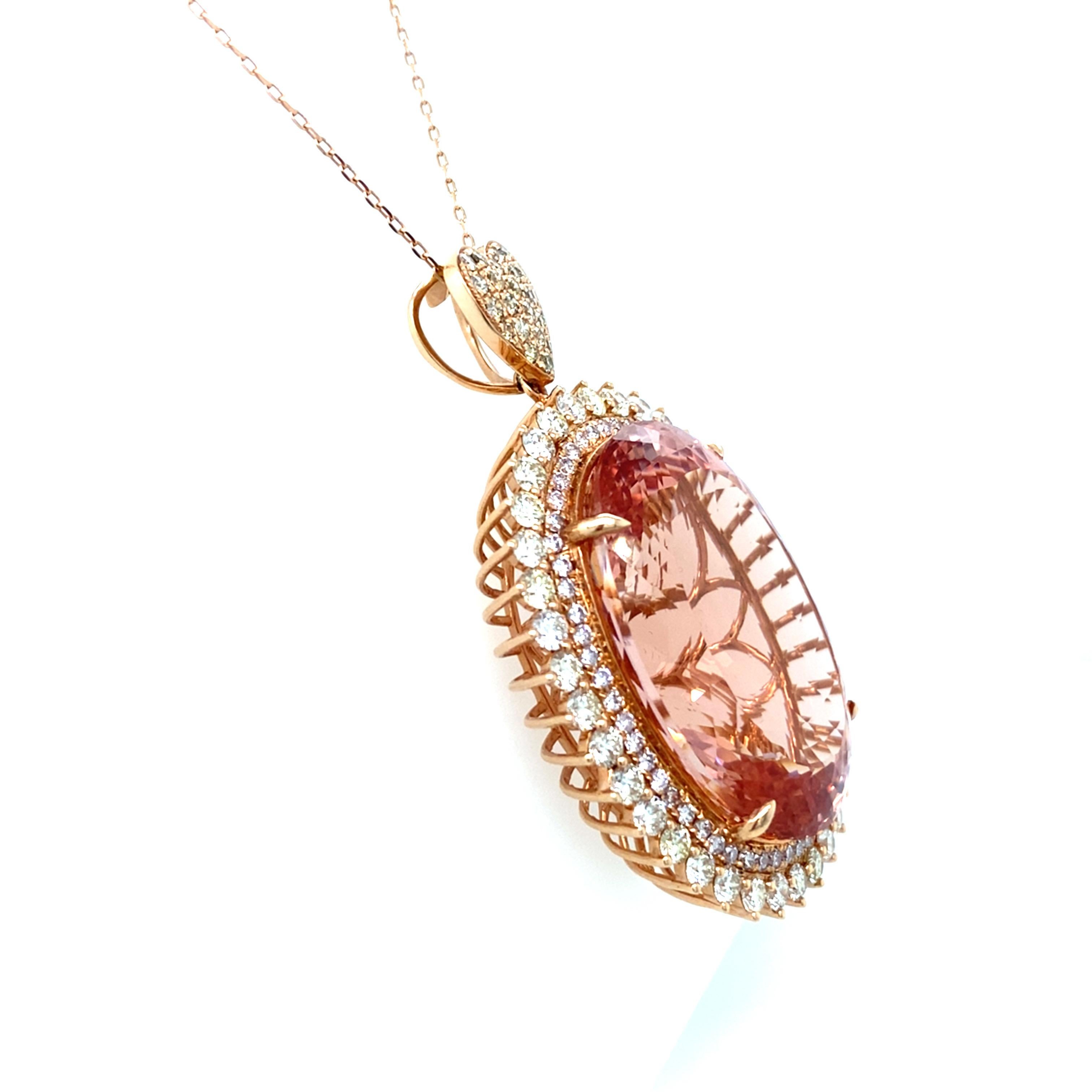 Artisan 70.30 Carat Oval Cut Morganite Diamond Rose Gold Pendant For Sale
