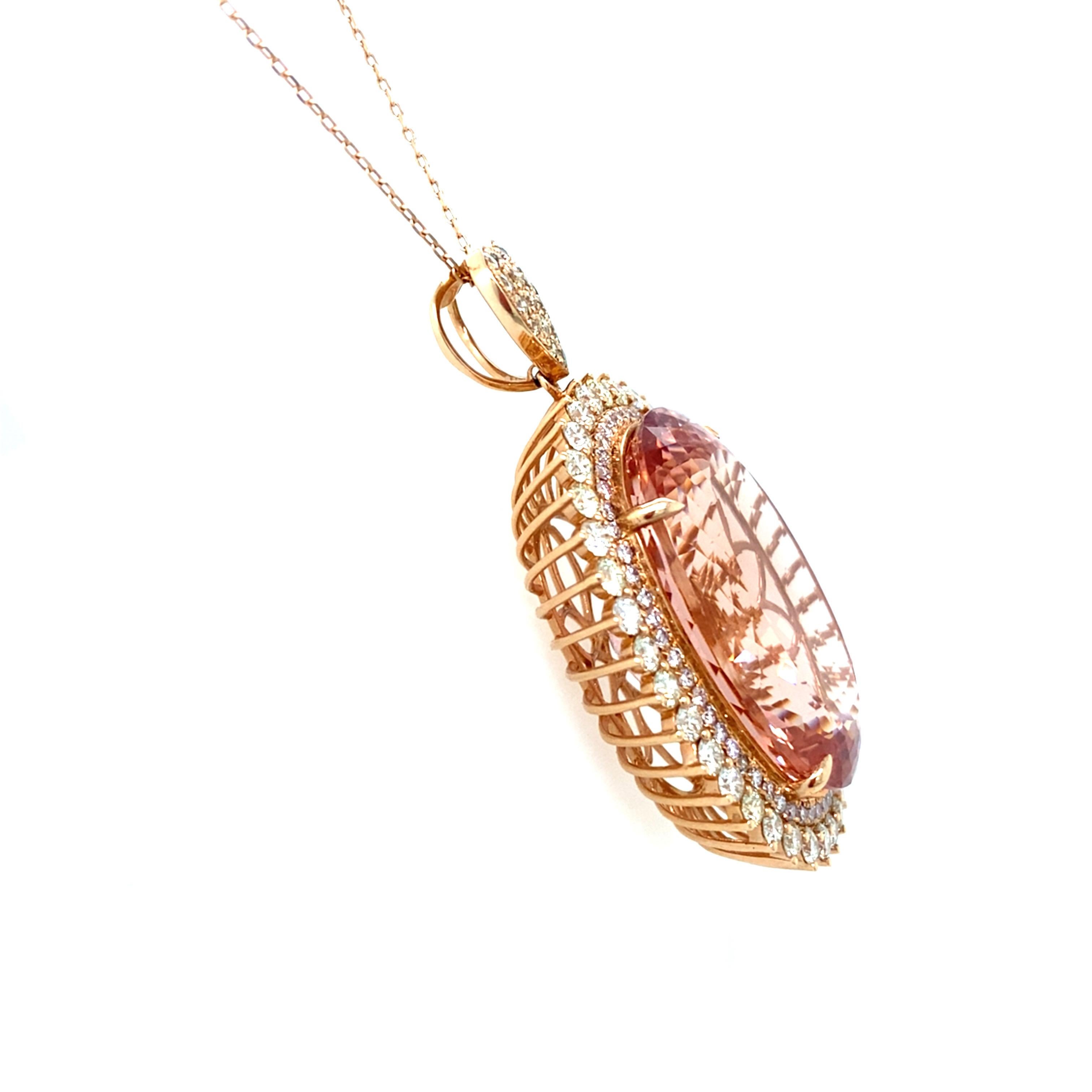 70.30 Carat Oval Cut Morganite Diamond Rose Gold Pendant In New Condition For Sale In Trumbull, CT