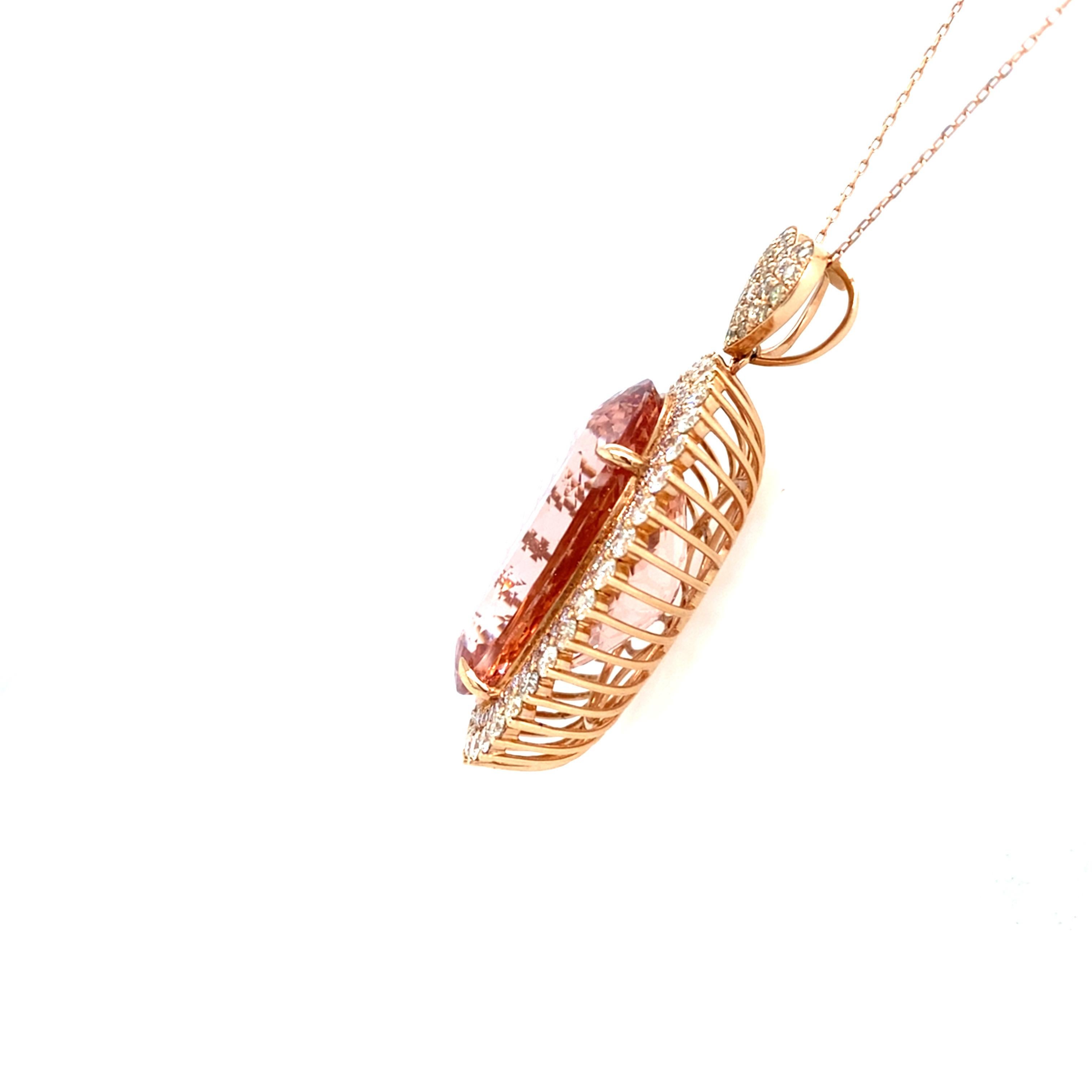 Women's 70.30 Carat Oval Cut Morganite Diamond Rose Gold Pendant For Sale
