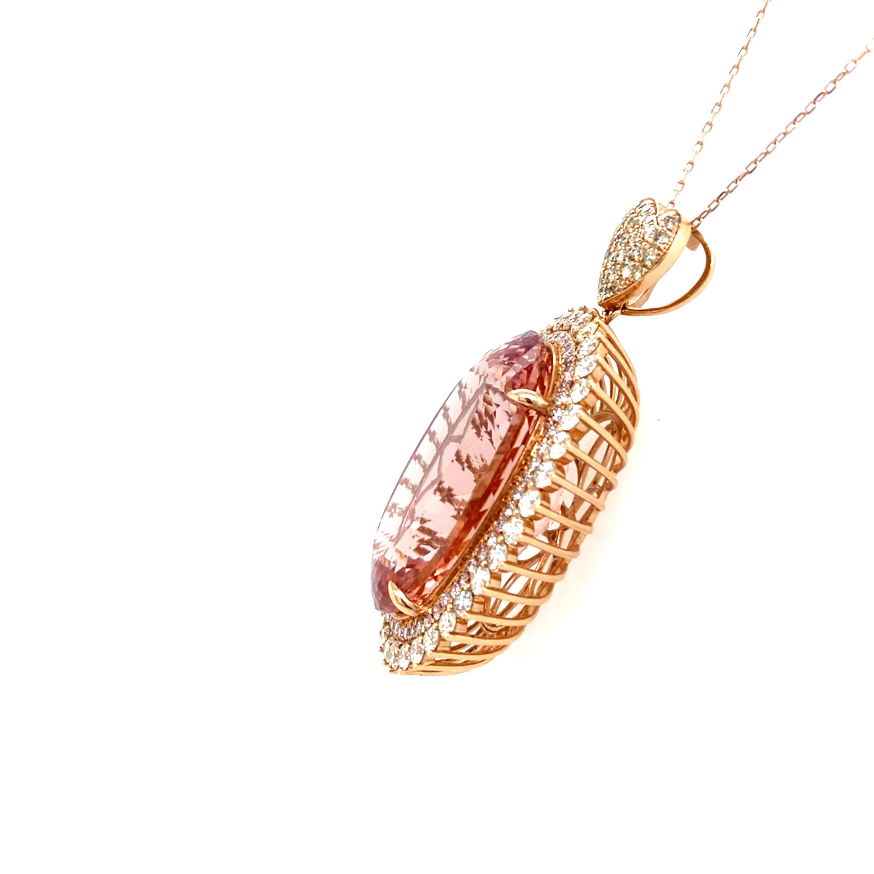 70.30 Carat Oval Cut Morganite Diamond Rose Gold Pendant For Sale 1