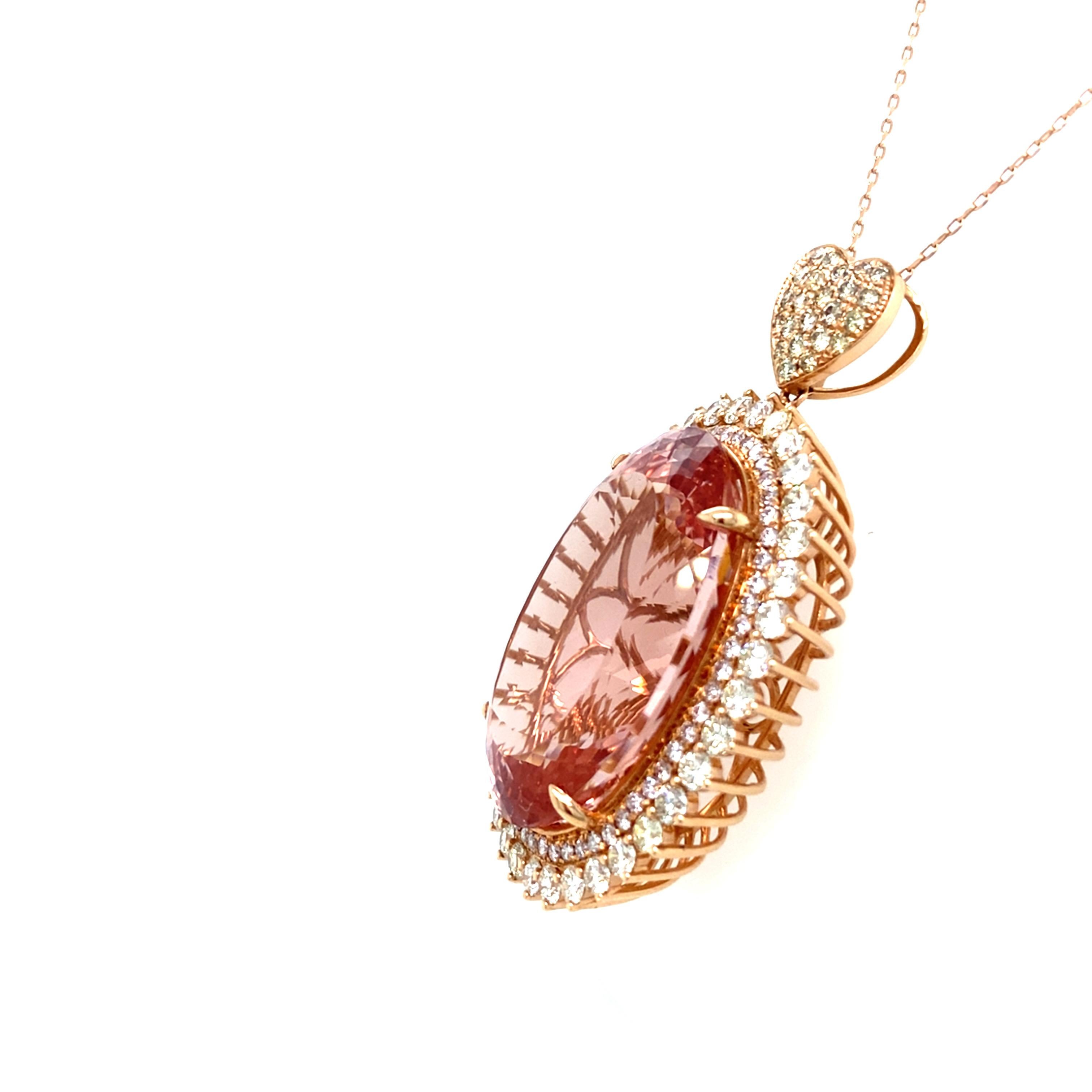 70.30 Carat Oval Cut Morganite Diamond Rose Gold Pendant For Sale 2