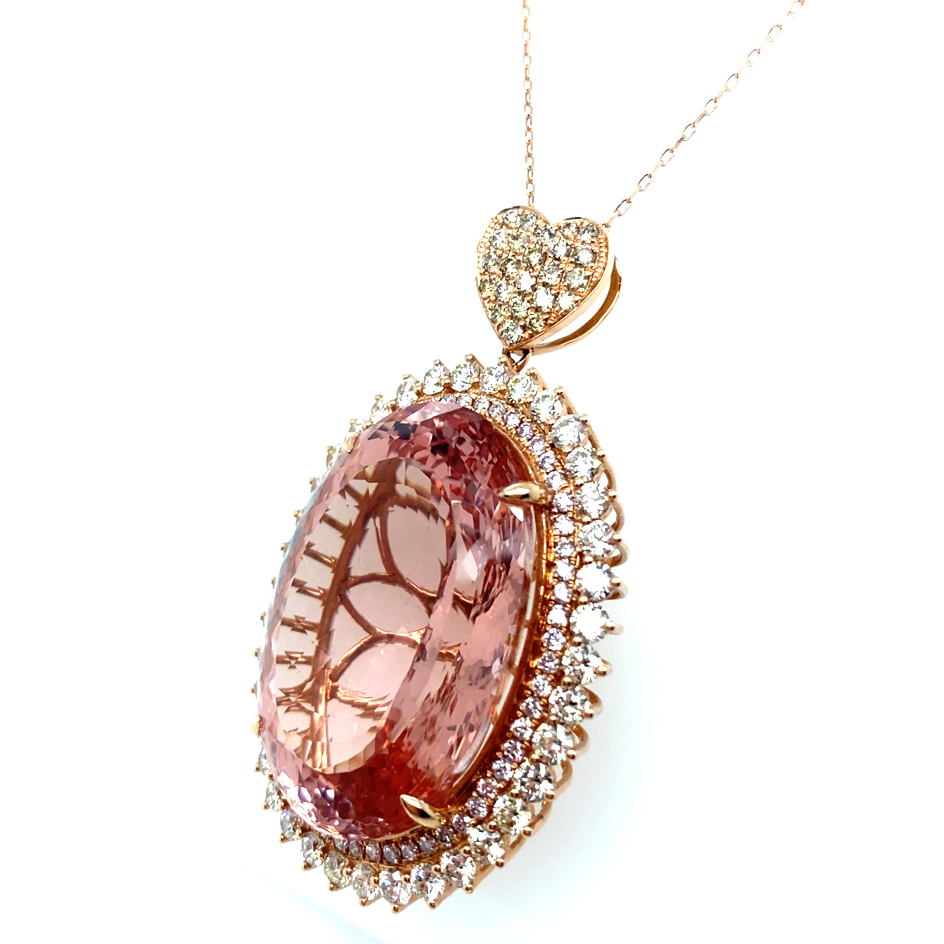 70.30 Carat Oval Cut Morganite Diamond Rose Gold Pendant For Sale 3
