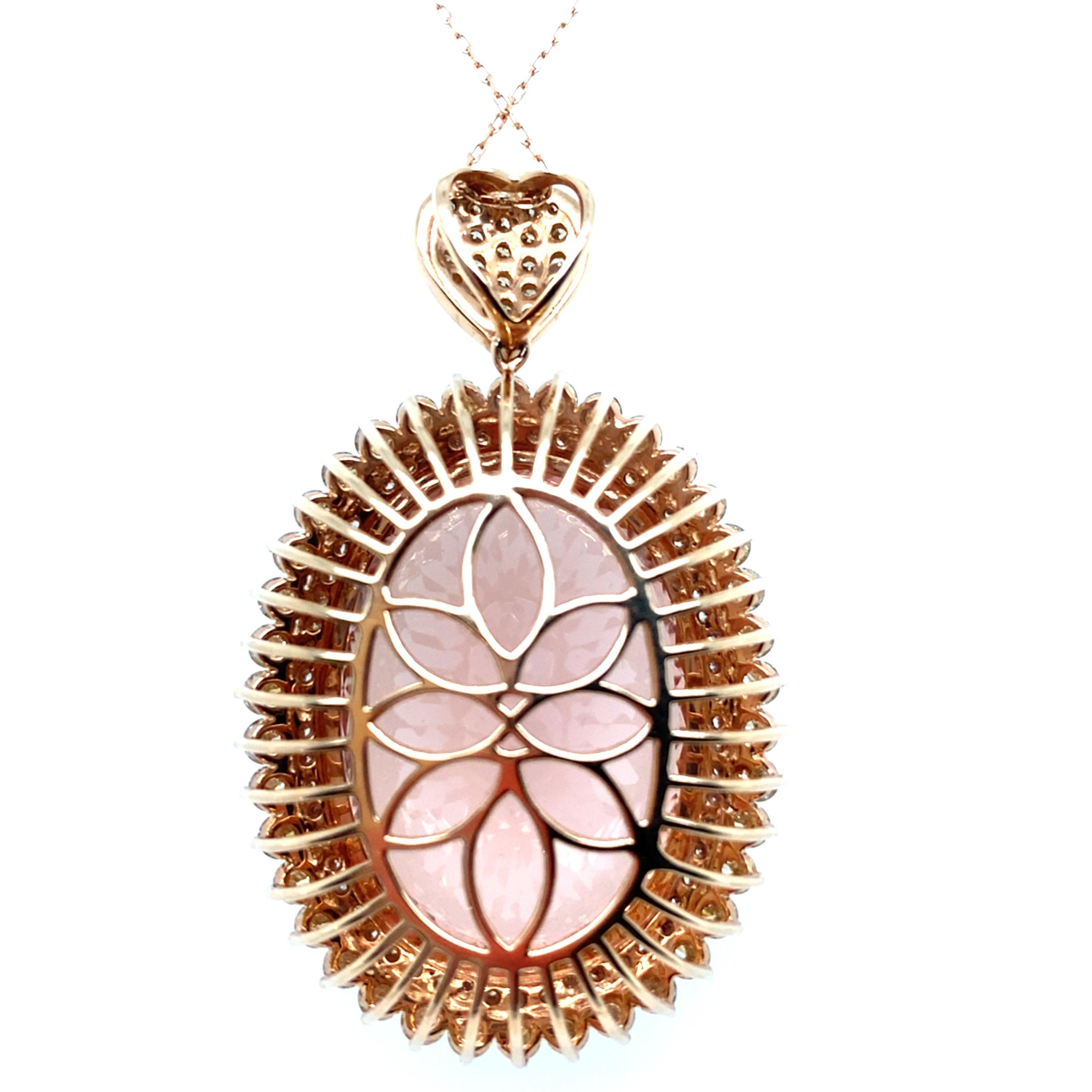 70.30 Carat Oval Cut Morganite Diamond Rose Gold Pendant For Sale 4
