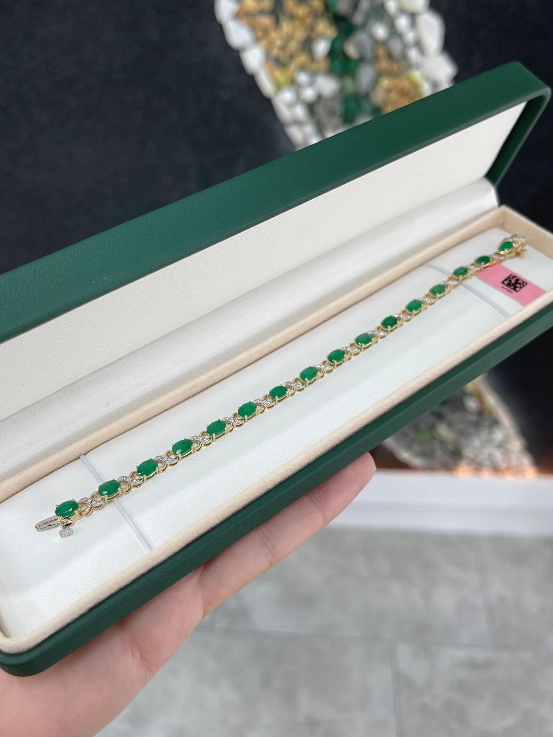 Modern 7.03tcw 14K Dark Green Oval Cut Emerald & Round Diamond Fancy X Link Bracelet For Sale